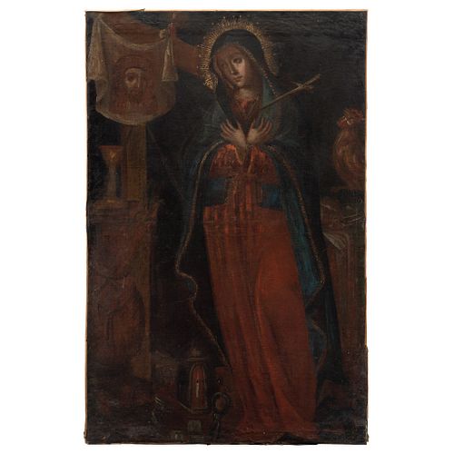 VIRGEN DOLOROSA CON LAS ARMA CHRISTI. MÉXICO, SIGLO XVIII. Óleo sobre tela. 156 x 100 cm