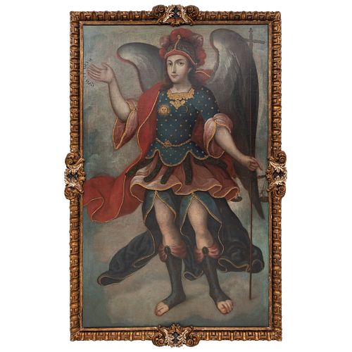 SAN MIGUEL ARCÁNGEL. MÉXICO, SIGLO XVIII. Óleo sobre tela. 187 x 116 cm.