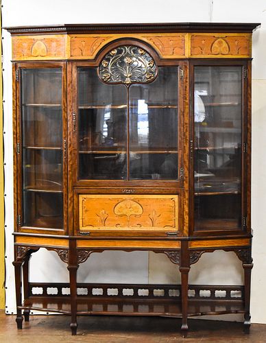 MAHOGANY ART NOUVEAU CHINA CABINET WITH SATINWOOD & WALNUT MARQUETRY INLAY