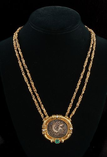 18K Diamond Emerald Ancient Greek Coin Necklace