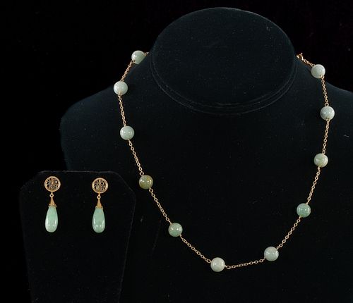 Chinese 14K Jadeite Necklace and Earrings