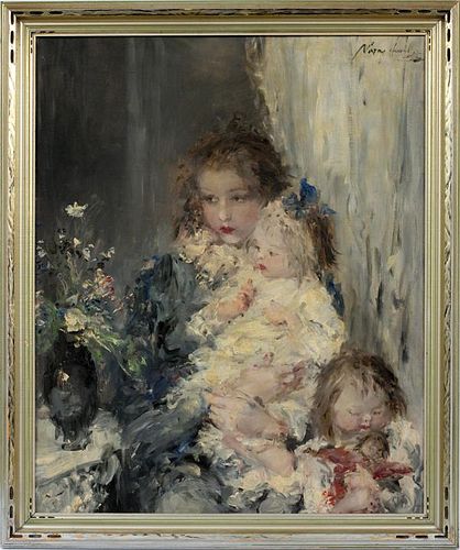 OIL ON CANVAS MOTHER AND TWO CHILDREN
