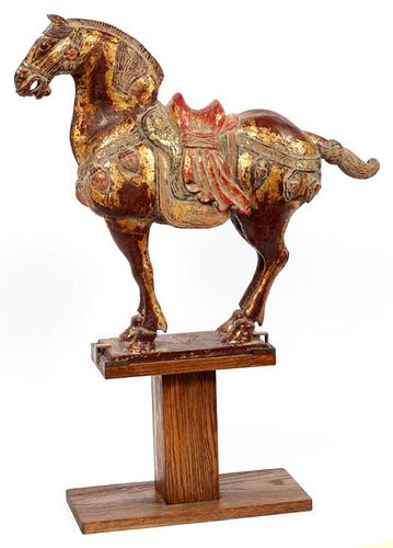 CARVED TANG STYLE POLYCHROME WOODEN HORSE