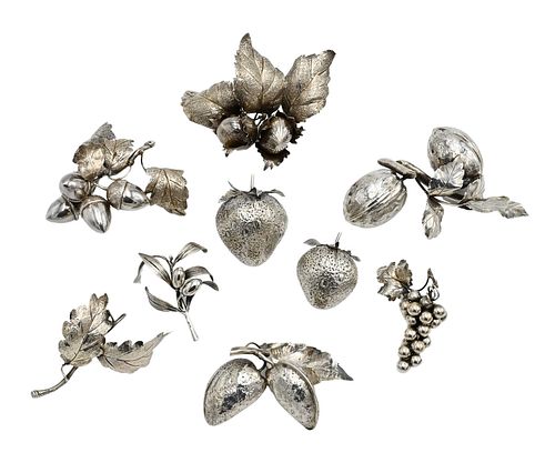 9 Piece Mario Buccellati Silver Lot of Nuts, Berries, Acorns, and Leaves