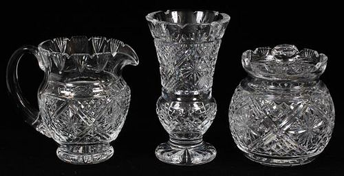 WATERFORD CRYSTAL PITCHER BISCUIT BARREL AND VASE