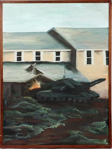 J RENO OIL ON CANVAS TANK ATTACKING BUILDING