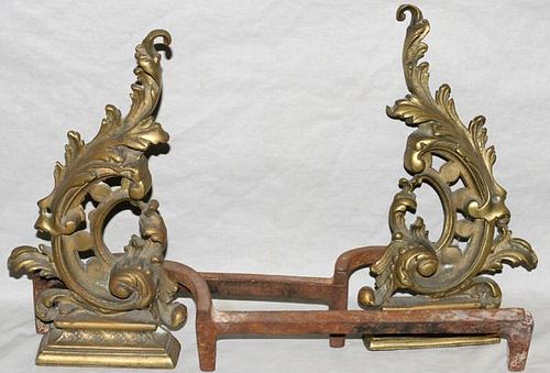 FRENCH BRONZE SCROLL & ACANTHUS FORM ANDIRONS PAIR