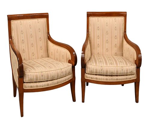 Pair of Classical Style Fruitwood and Upholstered Bergeres