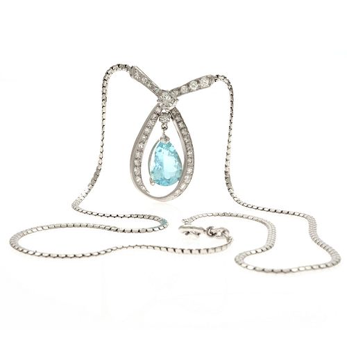 Aquamarine, Diamond, Platinum, 14k White Gold Necklace