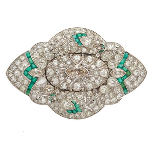 Art Deco Diamond, Emerald, Platinum Brooch