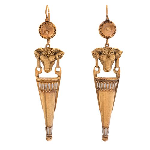 Pair of Archaeological Revival, Enamel, 14k Earrings
