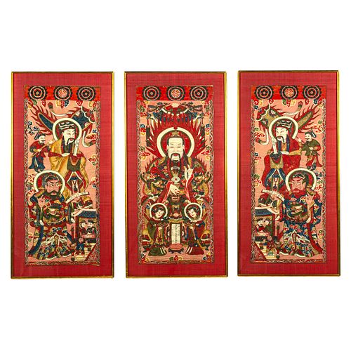 Chinese Yao Mein Ceremonial Temple Scroll Triptych