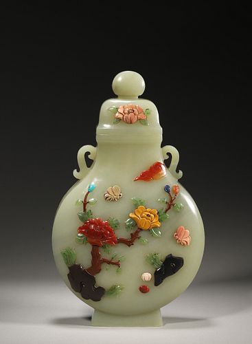 A Hetian Jade Hardstone Inlaid Vase