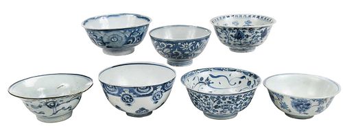 Seven Chinese Blue and White Porcelain Bowls