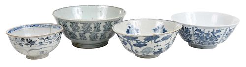 Four Chinese Blue and White Earthenware Deep Footed Bowls