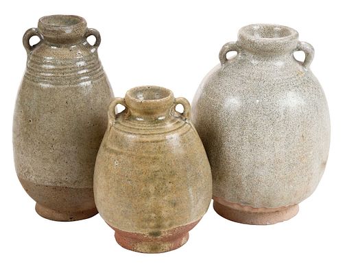 Three Early Thai Double Handled Pottery Vases