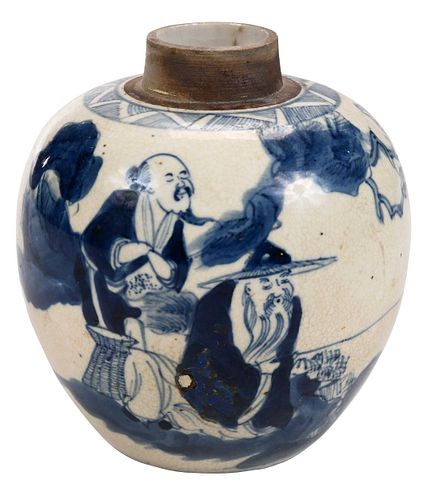 Chinese Small Underglaze Blue Ginger Jar with Scholars