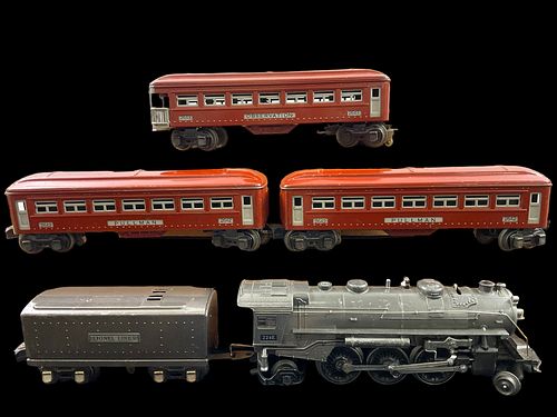Lionel Prewar O Gauge 224E Steam Locomotive Gunmetal,  2224 Tender, Two 2642 Pullman Cars,  2643 Observation Car