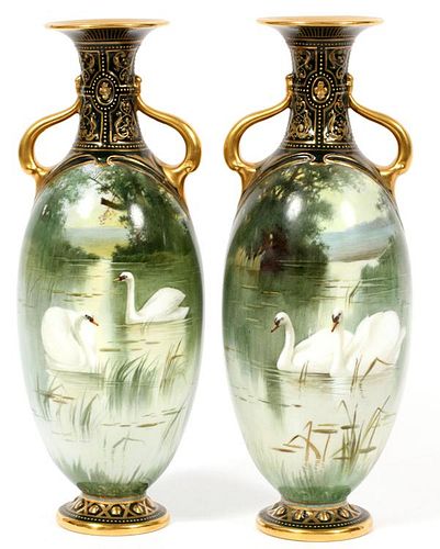 ROYAL DOULTON GILT AND PAINTED PORCELAIN VASES PAIR