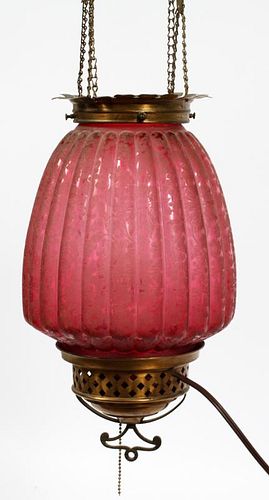 CRANBERRY ETCHED GLASS HANGING LAMP CIRCA 1870