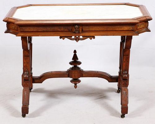 CARVED WALNUT MARBLE TOP PARLOR TABLE CIRCA 1850