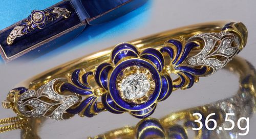 MAGNIFICENT ANTIQUE GOLD , DIAMOND AND ENAMEL HINGED BANGLE