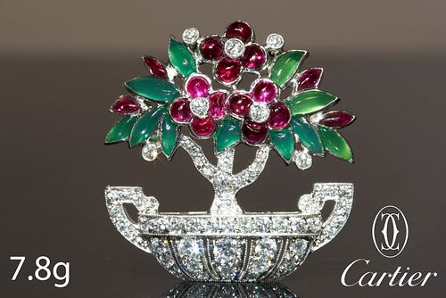CARTIER, IMPORTANT ART-DECO DIAMOND, RUBY AND JADE FLORAL BROOCH