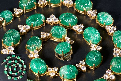 MOGHUL CARVED EMERALD AND DIAMOND NECKLACE