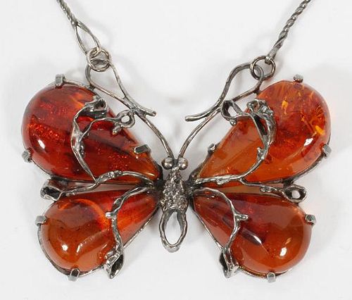 BALTIC SEA AMBER, BUTTERFLY PENDANT AND CHAIN NECKLACE