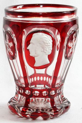 CUT CRANBERRY TO CLEAR SULPHIDE BEAKER 19TH C.
