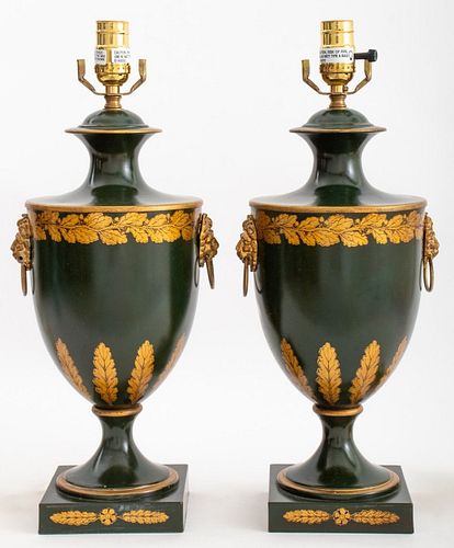 Regency Style Tole Peinte Urn Form Lamps, Pair