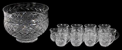 WATERFORD GLANDORE CRYSTAL PUNCH BOWL AND CUPS