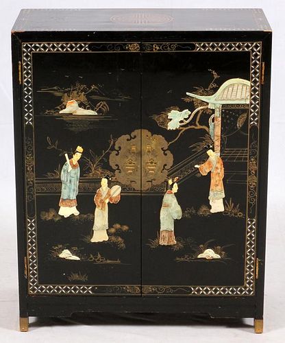 CHINESE HARDSTONE & MOTHER OF PEARL CABINET