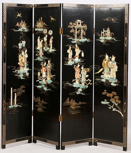 CHINESE HARDSTONE & MOTHER OF PEARL FLOOR SCREEN