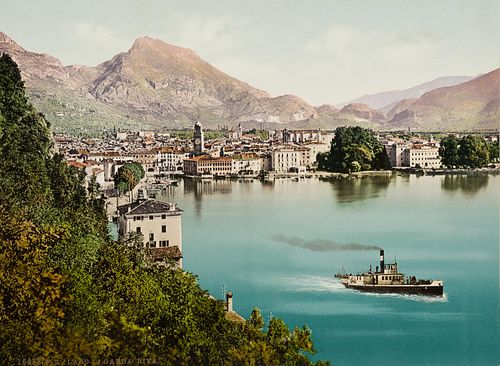 Unknown (20th), Riva on Lake Garda with steamboat, around 1880, albumen paper print