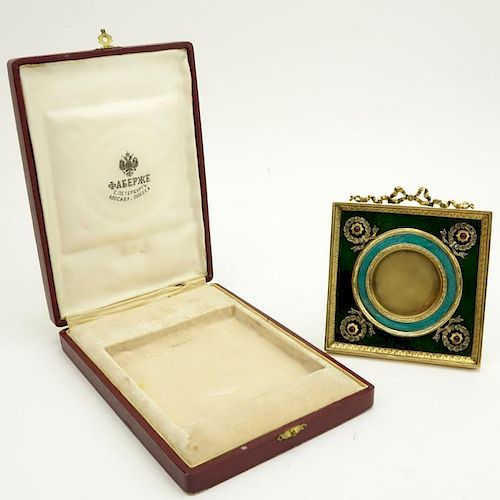 Early 20th Century Russian Nephrite Jade, Guilloche Enamel and 88 Silver Picture Frame with Rose Cut Diamond and Gem Stone ac