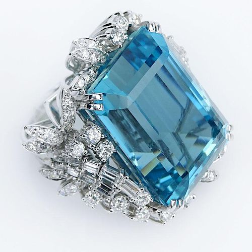 64.71 Carat Rectangular Cut Aquamarine, Diamond and Platinum Ring.