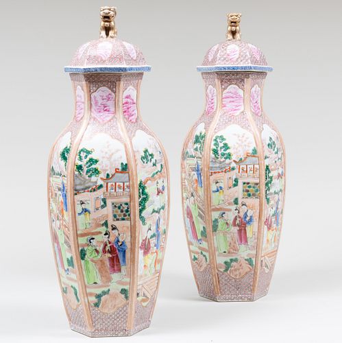 Pair of Chinese Export Famille Rose Porcelain Faceted Jars and Covers