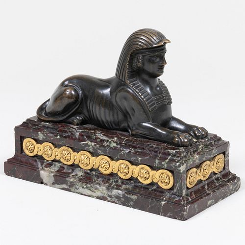 Restauration Patinated-Bronze Model of a Sphinx on an Ormolu-Mounted Levanto Rosso Marble Base, After the Antique