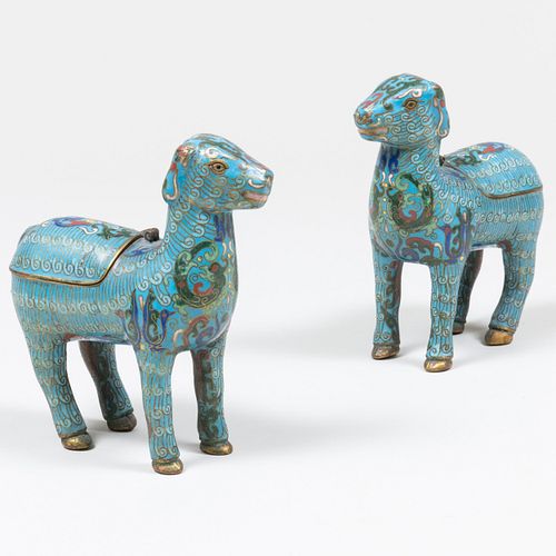 Pair of Chinese Cloisonné Deer Form Boxes and Covers