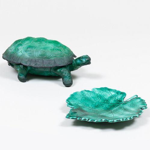 Green Glass Turtle Form Box and a Majolica Leaf Form Dish