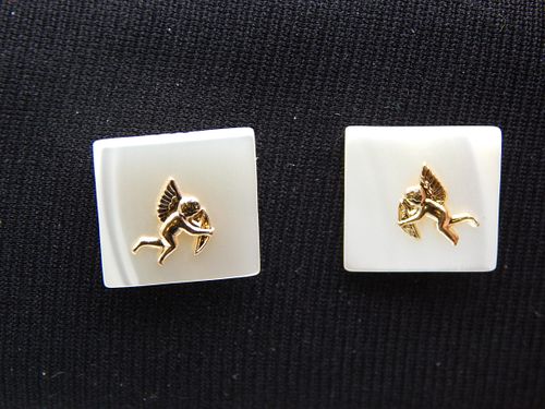 14K Gold Mother of Pearl & Cupid Earrings 