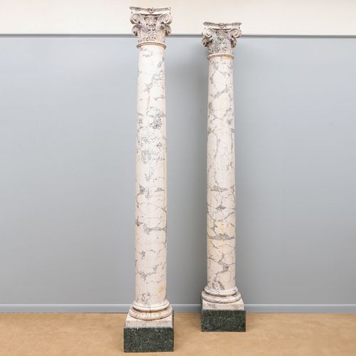 Pair of Large Italian Scagliola Columns with Associated Corinthian Capitals