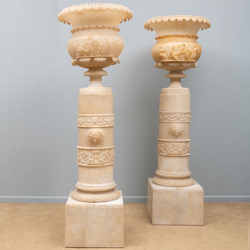 Fine Pair of Massive Italian Carved Alabaster Vases on Matching Pedestals, attributed to Lorenzo Bartolini 