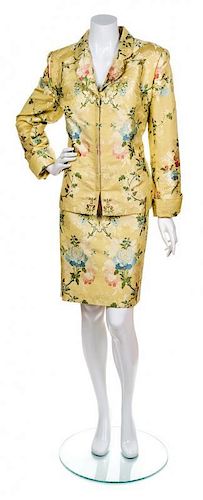 A Bill Blass Yellow Embroidered Skirt Suit, Size 14.