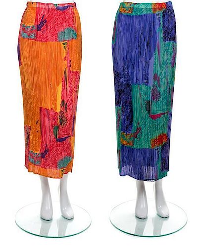 * A Pair of Issey Miyake Printed Pleated Skirts, No Size.