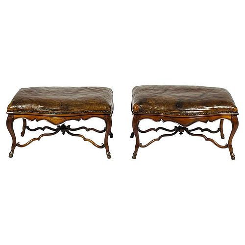 Pair of Antique Benches in Mahogany & Leather, Made in France