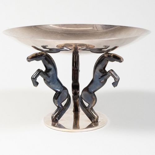 Puiforcat Style Silver Plate Tazza with Horse Supports