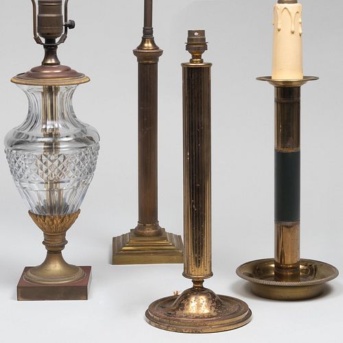 Group of Three Brass Table Lamps and a Brass-Mounted Cut-Glass Table Lamp