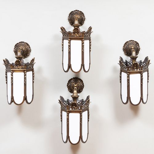 Set of Four Contemporary Bronze and Milk Glass Wall Lanterns